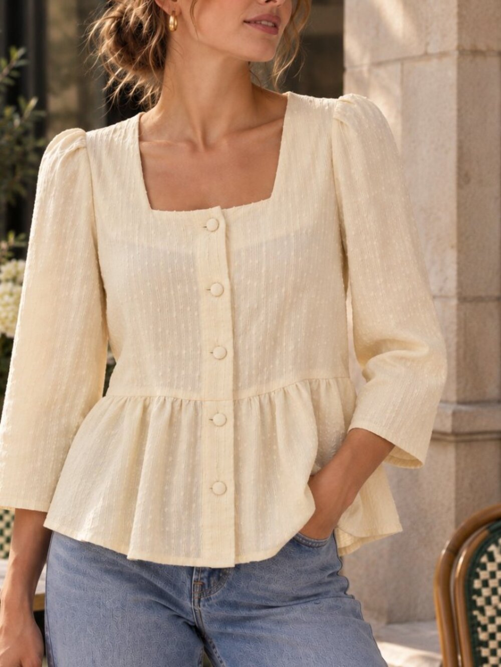 Carin Wester Akiko Peplum Blouse Cream Square Neck Puff Sleeve 34 / US XS S